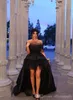 2018 High Low Black Lace Prom Dresses Sexy Off Shoulder Sweep Train Evening Party Gowns Special Occasion Dress