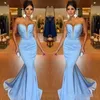 Blue Mermaid Sky Prom Dresses Sexy Plunging V Neck Satin Sweep Train Custom Made Evening Party Gowns Formal Ocn Wear Plus Size