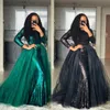 Modest Sequins Prom Dresses with Detachable Train Tulle A Line Jewel Neck Long Sleeves Custom Made Black Girl Evening Gown