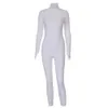 Vit Sexig Bodycon Jumpsuit Romper Svart Långärmad Bodysuit Kvinnor Zipper Turtleneck Jumpsuits Elegant Full Length Polyester