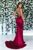 Donkerrood sexy zeemeermin prom jurken nieuwe spaghetti riemen backless mouwloze kant applique formele avondjurken goedkope elegante jurk