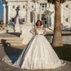 2019 New Ball Gown Wedding Dresses Crystal Long Sleeve Satin Wedding Dress Bridal Gown Lace Applique Vestidos De Novia Chapel Train