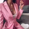 Tenues Rose Blazer Costume Top Shorts 2 Deux Pièces Ensemble avec Ceinture Automne Hiver Femmes Streetwear Manteau Veste Ensembles Bureau GV993