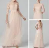 Fashion Tulle Illusion Neck A-line Long Cocktail Dress Bridesmaid Dresses 3/4 Long Sleeve Evening Dresses Back Covered Button