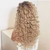 Długie brązowe korzenie blondynki Kinky Curly Pełna koronkowa peruka przednia włosy Baby Hair 180 Gęstość odporna na ciepło syntetyczne peruki dla kobiet9880336