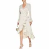 Fashion-High Street Summer Beige Vintage Pois Stampa Festa sexy con scollo a V maniche lunghe Avvolgere Abito asimmetrico da donna