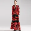 Women's Runway Dresses O Neck Long Sleeves Tiered Ruffles Prom Floral Printed Patchwork Elegant Maxi Long Party Dress