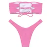 Bikini a fascia con lacci sul retro regolabile da donna Bikini con spalle scoperte Costume da bagno a costine Costume da bagno femminile Costume da bagno rosa sexy