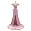 Vestidos de dama de honra rosa empoeirado rosa sereia renda floral aplique frisado decote em v vestido de noite convidada de casamento ombro a ombro empregada doméstica de honra278n