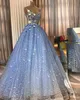 2019 Açık Mavi Quinceanera Elbiseler Spagetti Sapanlar Dantelli 3D Aplikler Boncuklu Abiye giyim Shining Sejins Tül Tatlı 16 Elbise