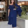 Cheap Navy Blue Tea-Length Sheath Evening Dresses Ankle Length Long Sleeves V Neck Ruffles Formal Dress Evening Gowns Wear Robe De Soiree