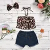 INS Summer Leopard Girls Suits Girls Boutique Outfits Kids Designer Clothes Girls Topssequin Hole Denim Shortsheadband 3PCS1531849