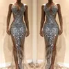 Sexig Silver Sequined Mermaid Prom Dresses Front Split See Though Evening Gowns Special Occasion Party Dress