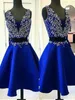Luxury Royal BlueプランジングVネック帰省のドレス短いビーズのクリスタルスパンコールProm Pageantドレス女の子の卒業のイブニングガウン