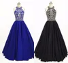 Royal Blue Prom Homecoming Robes A-ligne Halter Décolleté Keyhole Dos Nu Or Perlé Cristal Satin Robes Longues Tenue De Soirée Formelle Pas Cher