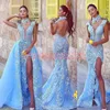 2020 backless lace zeemeermin avondjurken met overskirt halter zeemeermin partij Pageant gelegenheid Arabische split sexy prom gown gewaad de soiree