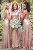 Goedkope bling sparkly bruidsmeisje jurken rose gouden pailletten goedkope zeemeermin twee stukken backless country strand feest jurken bruiloft gasten jurk