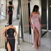 Bling gaine paillettes robes de soirée côté fendu arabe formelle Robe De soirée sans bretelles Sexy étage longueur fête bal grande taille Robe