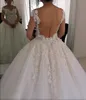 2020 Vestidos de novia árabes atractivos del vestido de bola fuera del hombro Apliques de encaje Flores Perlas con cuentas Espalda abierta transparente Tallas grandes Vestidos de novia formales