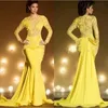 Arabie Saoudite Dubaï Sirène Robes De Soirée Sexy Jaune Formelle Robes De Bal Kaftan Dentelle À Manches Longues robe de soirée