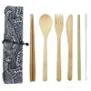 7pcs 야외 나무 칼 붙이 세트 휴대용 flatware 세트 여행 대나무 식기 나이프 포크 숟가락 젓가락 식기 세트 천 가방