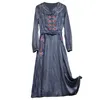 Retro Folk-custom Style Denim Dress Women Frog Button Embroidery High Waist Washed Denim Dresses Female Slim Long Dress