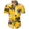 2020 여름 노란색 하와이 셔츠 망 잎 인쇄 짧은 소매 면화 남성 캐주얼 슬림 피트 셔츠 Chemise Homme Camisa Masculina1