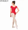 OVIGILY Women's Spandex Black Dance Leotard Adults Short Sleeve Ballet Dancewear Girls Scoop Neck Unitard Tops Lycra Bodysuit1895