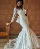 African Black Girl Wedding Dresses Plus Size Jewel Sheer Neck Long Sleeves Lace Appliques Wedding Dress Bridal Gowns robes de mariée sirène