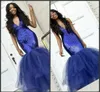 Sexy Black Girl Sekrety Suknie Navy Blue Głębokie Neck Suknie Wieczorowe Tulle Spódnica Vestidos De Fiesta African Mermaid Party Dress