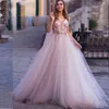 Robe de mariée princesse 2019 fleurs 3D sans manches appliques dentelle tulle illusion rose dinde robe de mariée de mariée avec enveloppe