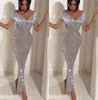 Sexy Silver Maxi Dress Women Tassel Sequin Deep-V Bodycon Dress Off Shoulder Long Sleeve Wedding Evening Party Long