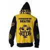 Mens Hoodies Anime 원피스 3D 까마귀 스웨터 Trafalgar Law Cosplay Of Heart 지퍼 후드 탑스 겉옷 코트 복장 5XL