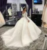 Luxury Princess Scoop Neck Lace Tulle Court Train Wedding Gowns Applique Beads Long Sleeve Ball Gown Wedding Dresses