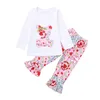 Kids Pasen Girls Outfits Babykleding Geappliceerd Bunny Floral Birds Bear Gedrukt Ruche Lange Mouw Tops Broek Kleding Sets 2-6T