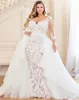 Plus Size Syrena Suknie ślubne z odpinanym pociągiem 2020 Koronkowy aplikacja Bridal z długim rękawem Vestidos De Novia suknia ślubna