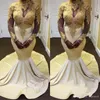 Elegant African Illusion Evening Dresses Long Sleeves High Neck Gold Lace Appliques Mermaid Prom Dress Long Satin Party Gowns Cheap