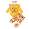 Ensemble bébé Floral Vêtements Lettre Ruffle Romper manches longues Top + fleur + Pantalons floraux Bow Headband Thanksgiving Tenues 3pcs / M600 mis