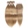 3 wiązki z 4x4 koronki zamknięcie indyjskie ludzkie włosy splot kolor # 8 # 27 Honey Blonde # 30 Brown Auburn Pre-kolorowe Remy Hair Extension