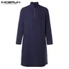 INCERUN décontracté hommes chemise coton à manches longues col montant Vintage solide cousu longs hauts indien vêtements pakistanais chemise 5XL
