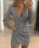 Mini Sequined Prom Dresses Women 2020 Summer Sexy V Neck Long Sleeve Dress Club Wear Short Party Night Gowns