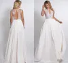 2020 Plunging V Neck Ivory Boho A Line Bröllopsklänningar Chiffon Lace Applique Hollow Back Sweep Train Beach Bridal Gowns Plus Storlek