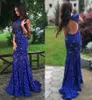 Abiti da sera in pizzo blu royal Cristalli scintillanti Sirena aperta sul retro senza maniche Vedere attraverso i nuovi abiti da ballo lunghi per spettacoli da donna HY4118