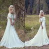 Nowy Off Ramię Sexy Country Style Beach A Line Suknie Ślubne Koronki Aplikacja Wedding Suknie Ślubne Backless Sweep Pociąg Boho Suknia ślubna