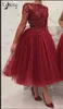 Elegant Red Burgundy Floral Appliques Tulle Long Sleeves Tea Length Prom Dress Puffy High Quality Vintage Prom Evening Event Midi Ball Gown