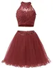 Two Pieces 1950S High Neck Homecoming Dresses Sexy Hollow Back Beading Tulle Short Cute 8th Grade Graduation Dresses Plus Size