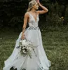 2019 robes de mariée bohème col en V sans manches en dentelle appliques balayage train plage Boho jardin pays robes de mariée robe de mariée plus