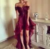 2017 Burgundia Prom dresses Off the Shoulder Appliqued Lace Red Wine High Low Party Dress Graduation Backless Elegant Evening Gowns