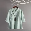 Top de lino de estilo chino, nuevo arte, botones oblicuos de algodón, camisetas de lino holgadas de siete mangas, ropa tradicional china para mujer