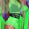 Macacões femininos macacão neon verde fishnet grade bodysuits borlas manga longa ver através de macacão mulheres festa clubwear rave festival cl